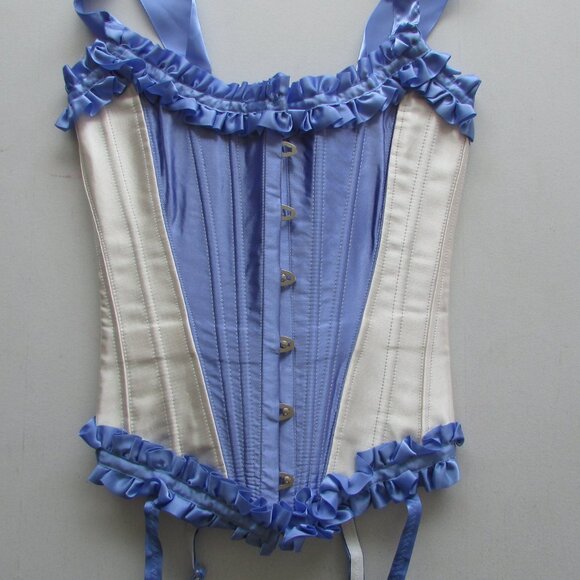 Blue Cream Ruffled Steel Boned Corset Set - NEW - Picture 7 of 13